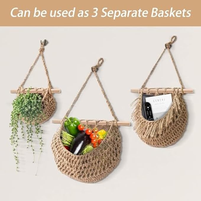 BIGTHREE 3-TIER JUTE & COTTON ROPE WALL HANGING BASKET, BOHO STORAGE ORGANIZER WITH 2 HOOKS, FOR FRUITS, VEGETABLES & HOME DECOR IN KITCHEN, BATHROOM, BEDROOM & LIVING ROOM - Image 3